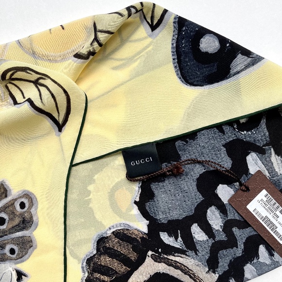 Gucci Unisex Scarf Logo Kris Knight Butterfly Flora Yellow Silk Wrap - Picture 10 of 12
